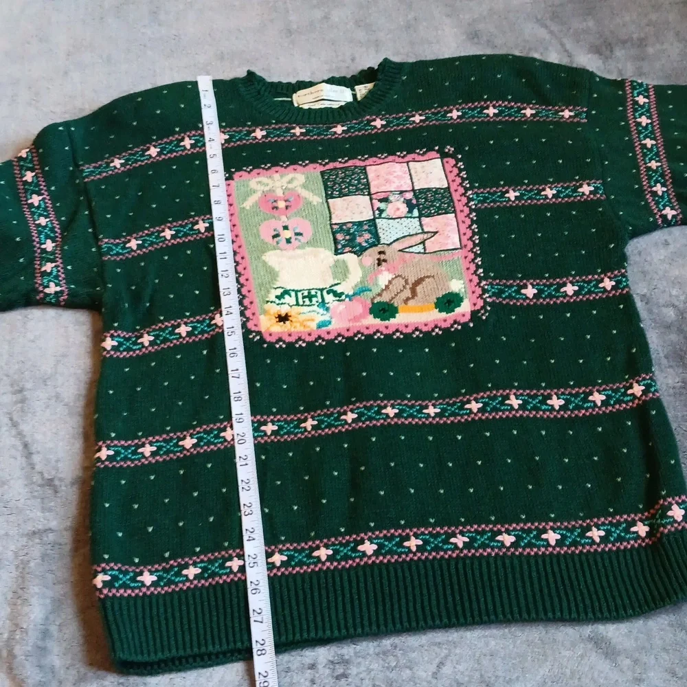 Northern Isles II Hand Embroidered Vintage Bunny Cottage Sweater Green Fall Knit - Picture 5 of 10